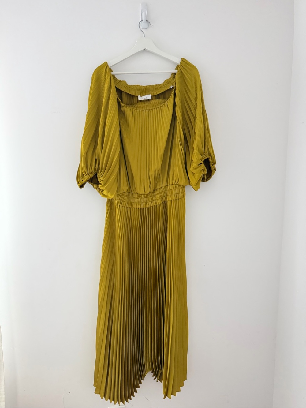 A.L.C. Olive Chartreuse Pleated Puff Sleeve Midi Dress
